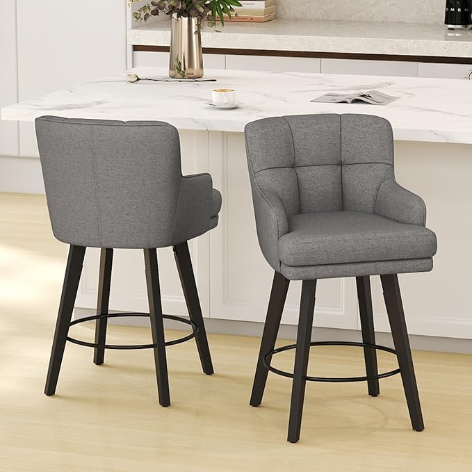 360°Swivel Counter Height Bar Stools with Back, 26 inch Solid Wood Legs, Bar Stool Modern Kitchen Island Chairs, Fabric (Mid-Grey- Fabric, 26" H- Set of 2)