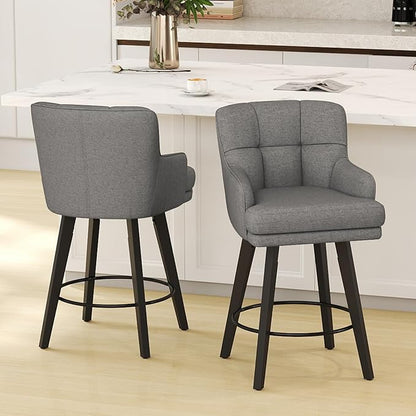360°Swivel Counter Height Bar Stools with Back, 26 inch Solid Wood Legs, Bar Stool Modern Kitchen Island Chairs, Fabric (Mid-Grey- Fabric, 26" H- Set of 2)