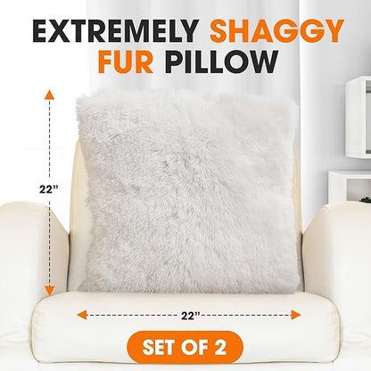Cheer Collection Throw Pillows for Couch and Bed, Soft Shaggy Throw Pillows with Inserts Included, Cozy Long Hair Faux Fur Pillows - Set of 2-22" x 22" White
