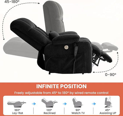 Power Lift Recliner Chair for Adults Oversized Infinite Position Lift Chair for Elderly W/Massage & Heat, Lay Flat Recliner, One-Touch Reset, Cup Holders, Lumbar Pillow, Fabric (Premium, Dark Grey)