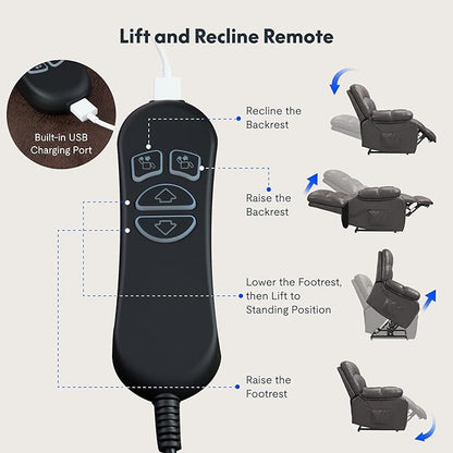 FLEXISPOT XL51 Dual OKIN Motor Power Lift Recliner Chair for Elderly, Lay Flat Electric Recliner with Massage & Heat, USB Ports, Faux Leather Reclining Sofa for Living Room Bedroom, Black