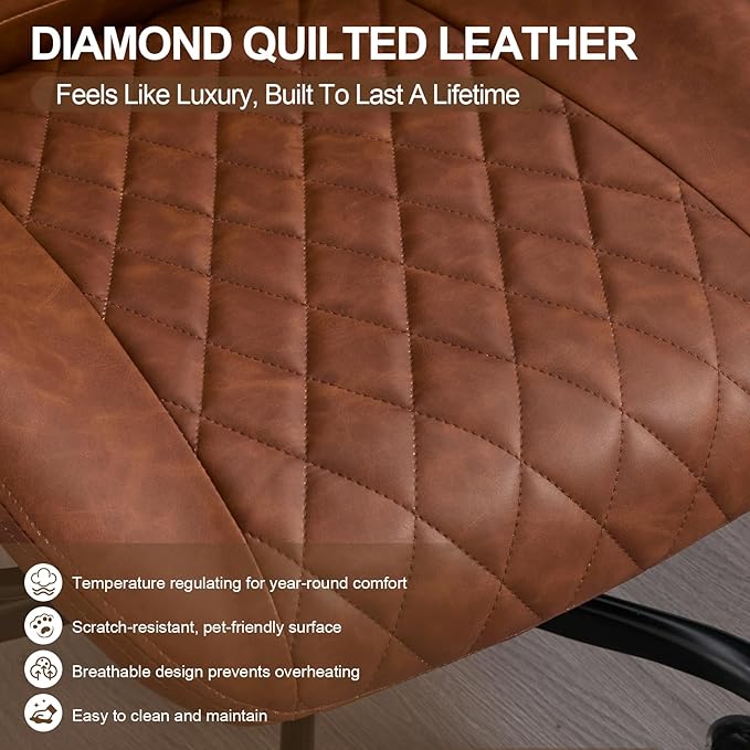 Home Office Desk Chair, Ergonomic High Back Leather Computer Chair with Lumbar Support, Adjustable Height & Recline, Swivel Executive Office Chair with Armrests and Rubber Casters, Brown