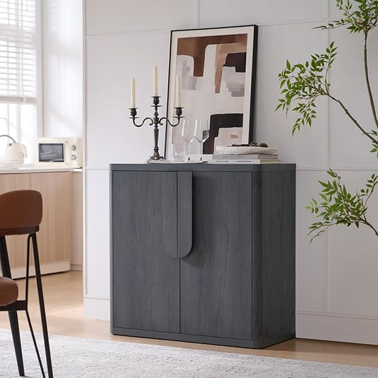 34.5'' Sideboard Buffet Cabinet W/Storage, Modern Accent Cabinets W/Curved Handles & Adjustable Shelves, 2 Doors Coffee Bar Buffet Table Credenza for Living Room Kitchen Hallway, Dark Grey