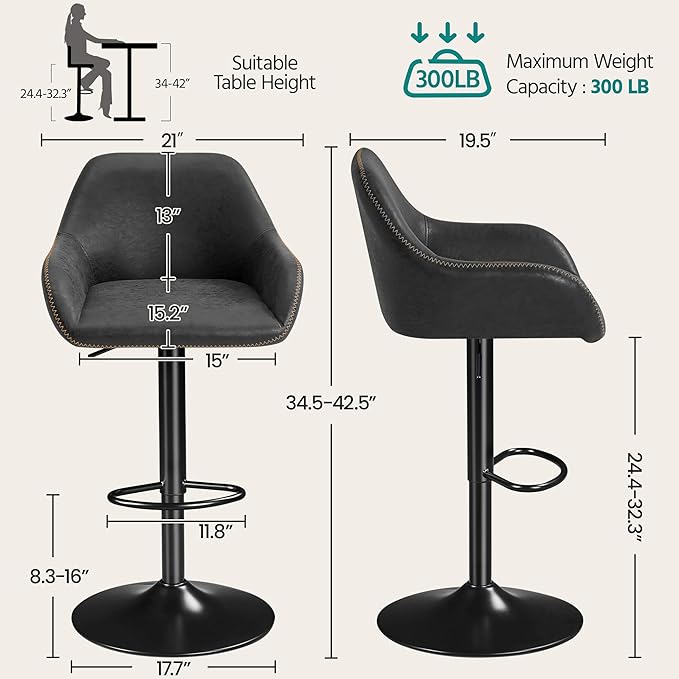 Yaheetech Bar Stools Set of 4, PU Leather Swivel Counter Height Barstools, Adjustable Bar Chairs with Backrest and Footrest, Kitchen Island Stool for Home Kitchen, Black
