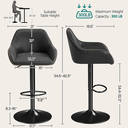 Yaheetech Bar Stools Set of 4, PU Leather Swivel Counter Height Barstools, Adjustable Bar Chairs with Backrest and Footrest, Kitchen Island Stool for Home Kitchen, Black