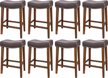 PrimeZone Counter Height Bar Stools Set of 8 - Backless Saddle Barstools with 4.3" Thick Upholstered, Nailhead Trim Faux Leather & Solid Wood Legs, 26 Inch Counter Stools for Kitchen Island, Brown