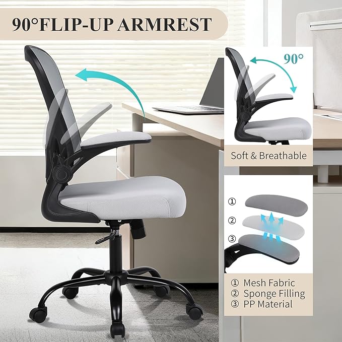 Flysky Ergonomic Office Chair, Mesh Home Office Desk Chair with Flip-up Arms and Lumbar Support, Height Adjustable, Swivel, Gray