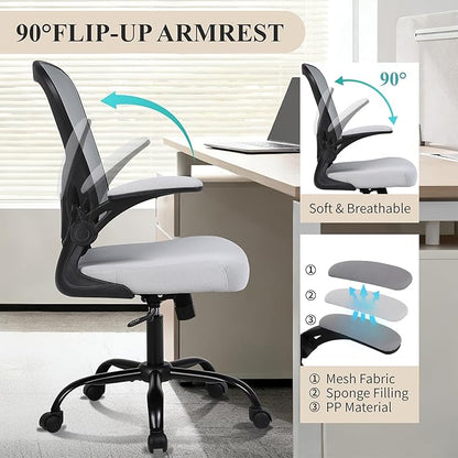 Flysky Ergonomic Office Chair, Mesh Home Office Desk Chair with Flip-up Arms and Lumbar Support, Height Adjustable, Swivel, Gray