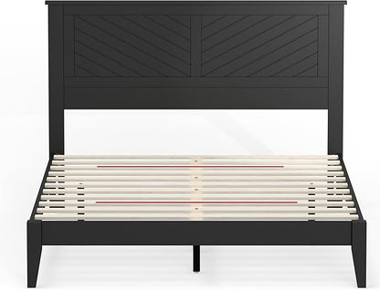 Serene Farmhouse Style Wood Bed in Full Size with Horizontal Scoring Headboard, Coastal Modern Design, Sturdy, Easy Assembly, Ample Underbed Storage, Black