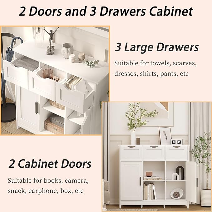 Sideboard Floor Storage Cabinet - Wooden Storage Organizer with 2 Doors and 3 Drawers, Free Standing Accent Buffet Cabinet with Adjustable Shelves for Living Room, Kitchen,Bathroom (White)