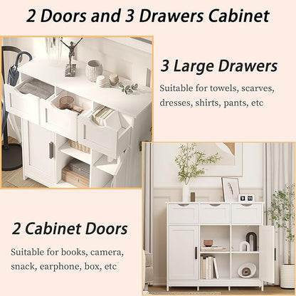 Sideboard Floor Storage Cabinet - Wooden Storage Organizer with 2 Doors and 3 Drawers, Free Standing Accent Buffet Cabinet with Adjustable Shelves for Living Room, Kitchen,Bathroom (White)