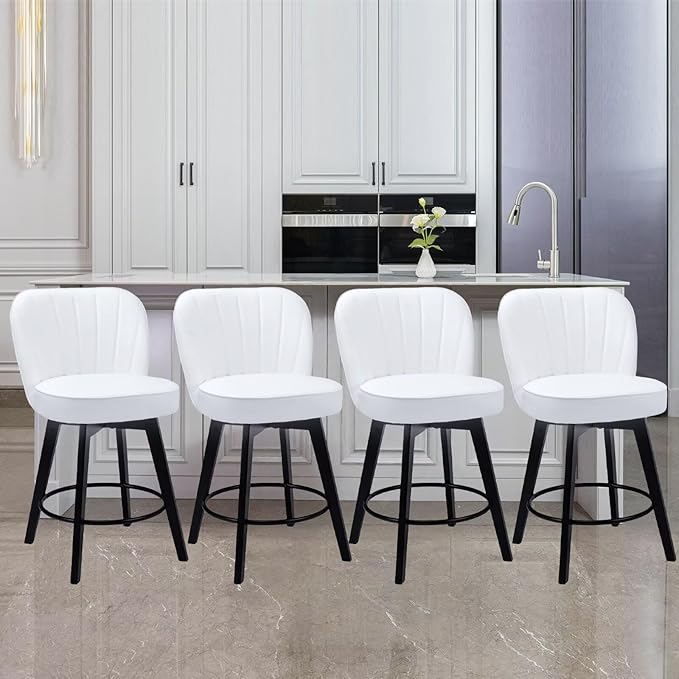 MINCETA Bar Stools Set of 4, PU Leather Barstools, 26 Inch Upholstered Counter Stools with Backrest and Footrest, Swivel Counter Height Barstools for Kitchen Island Home Bar White