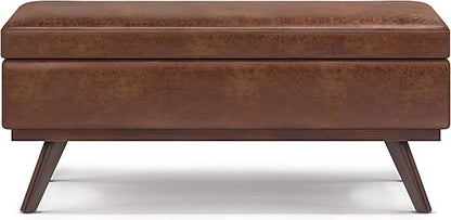 SIMPLIHOME Owen 42 inch Wide Mid Century Modern Rectangle Lift Top Large Coffee Table Storage Ottoman in Distressed Saddle Brown Vegan Faux Leather, Assembled, for the Living Room and Entryway