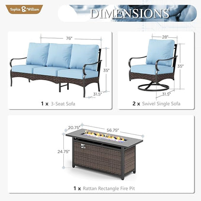 Sophia & William Patio Furniture Set with Fire Pit Table, 4 PCS Metal Outdoor Conversation Set with Fire Pit Table, 2 Swivel Chairs,3-Seater Couch for Outdoor Seating, Backyard, Porch(Blue)