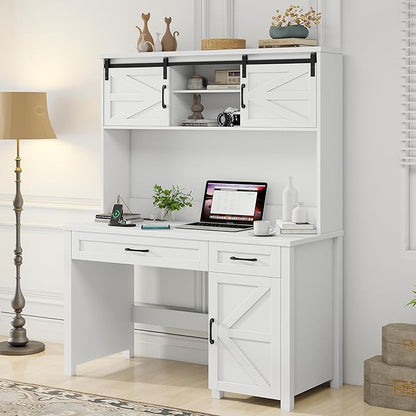 Farmhouse 47" Executive Computer Desk with 2 Drawers and Storage Cabinet, Home Office Desk with Hutch and Charging Station, Workspace for Work and Study (Cream White).