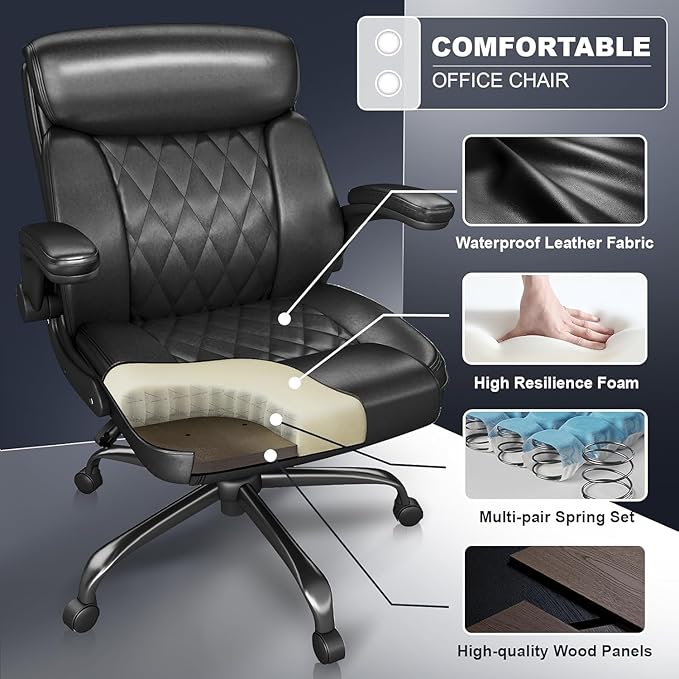 AnyGod Executive Leather Office Chair, Ergonomic Mid-Back Desk Chairs Comfy for Home Office with Flip-up Armrests, Lumbar Support, Adjustable Height and Swivel Rolling Wheels