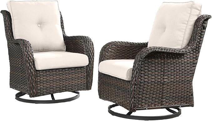 HUMMUH Outdoor Swivel Rocker Wicker Patio Chairs Set of 2, Rattan Rocking Chair Furniture Set (Brown/Beige)