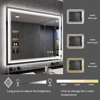 LED Mirror, 44x36 Inch Gradient Front and Backlit Lighted Mirror, 3 Colors Dimmable CRI>90 Double Lights, IP54 Enhanced Anti-Fog, Hanging Plates Bathroom Mirror with Lights