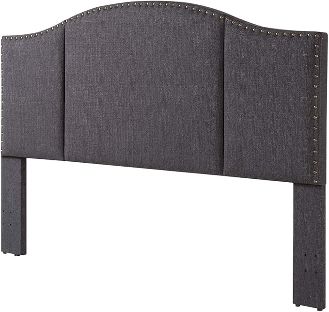 24KF Middle Century Dark Gray Upholstered Foldable Headboard with Antique Brass Nail Heads Trim King/California King headboard-60232-Dark Gray