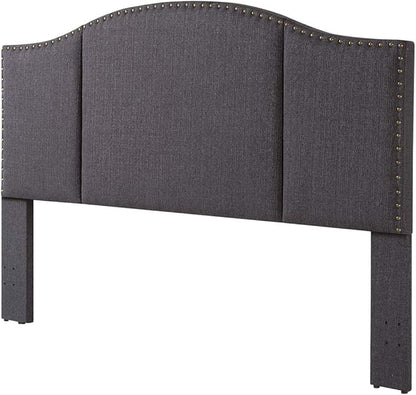 24KF Middle Century Dark Gray Upholstered Foldable Headboard with Antique Brass Nail Heads Trim King/California King headboard-60232-Dark Gray