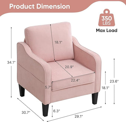 Accent Chair for Living Room, Mid Century Modern Reading Chair for Bedroom, Upholstered Armchair with Side Pockets, Comfy Single Sofa Side Chair for Office, Apartment, Small Room, Pink