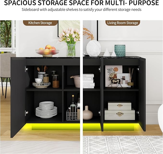 47" Black Fluted Sideboard Buffet Cabinet with Storage and LED Light,Marble Pattern Top Credenza Accent Cabinet with Fast Charging Station,Storage Cabinet for Living Room,Dining Room,Hallway