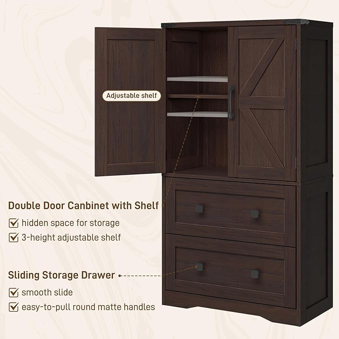 Farmhouse Bathroom Storage Cabinet with 2 Big Drawers and Barn Doors, Kitchen Pantry, Freestanding Storage Cabinet with Adjustable Shelves for Bathroom, Living Room, Kitchen(Espresso)