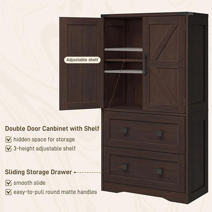 Farmhouse Bathroom Storage Cabinet with 2 Big Drawers and Barn Doors, Kitchen Pantry, Freestanding Storage Cabinet with Adjustable Shelves for Bathroom, Living Room, Kitchen(Espresso)