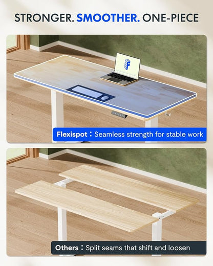 FLEXISPOT EN1 One-Piece Solid Wooden Standing Desk 63 x 24 Inches Height Adjustable Electric Sit Stand Home Office Desks (Silver Frame + Rubber Wood Top, 2 Packages)