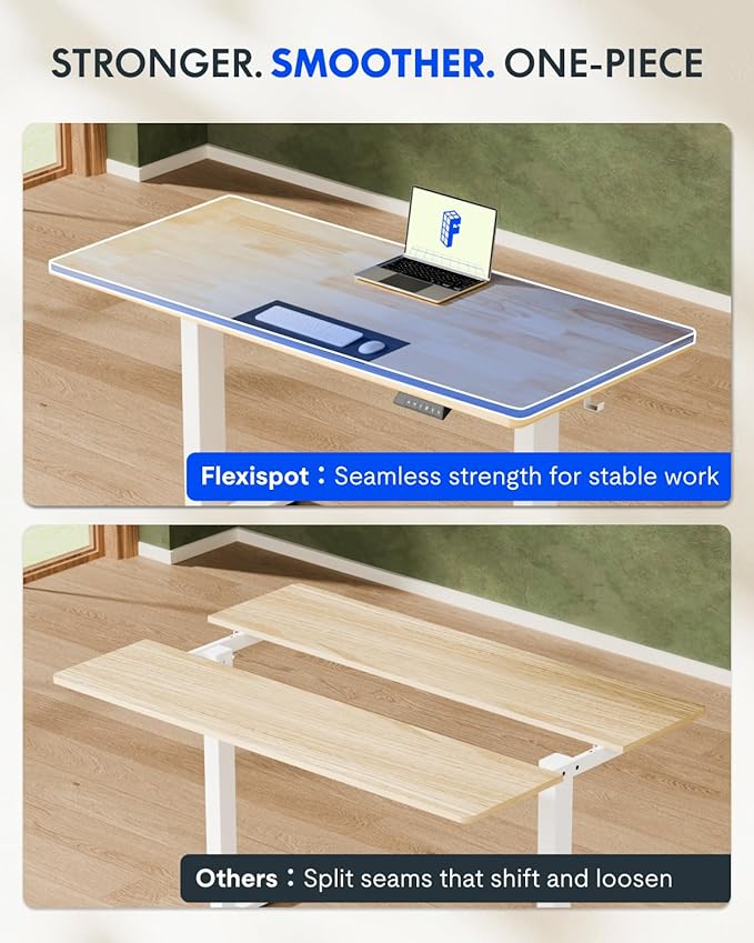 FLEXISPOT EN1 One-Piece Solid Wooden Standing Desk 55 x 24 Inches Height Adjustable Electric Sit Stand Home Office Desks (White Frame + Rubber Wood Top, 2 Packages)