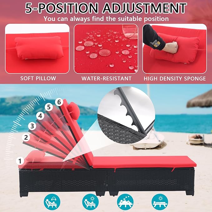 3 PCS Patio Chaise Lounge with Coffee Table Cushion&Pillow Outdoor Lounge Chair Chaise Lounger Patio Reclining Chair 5 Angle Adjustment Black PE Rattan for Courtyards Poolside Garden(red)