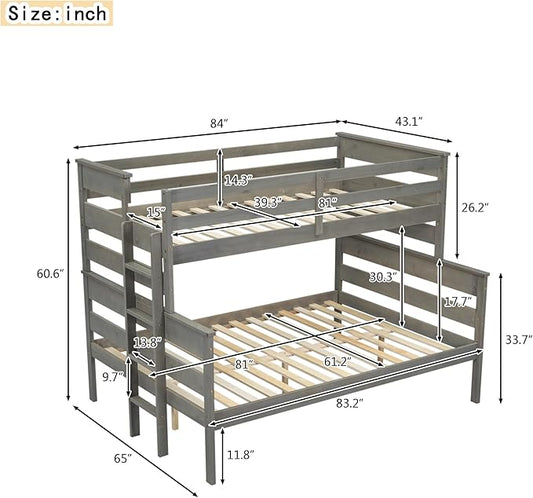 Upgraded Version Thicken Solid Wood Twin XL Over Queen Bunk Bed, Stronger Queen Size Bunk Bed Frame, Convertible into 2 Beds for Adult, Easy to Assemble (Grey,Twin XL Over Queen)