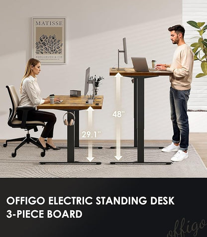 OffiGo Electric Standing Desk with 3-Piece Board, 79 Inch Height Adjustable Large Desk with Power Outlets, Sit Stand Table, Writing Computer Desk for Home, Office, Workstation, Rustic Brown