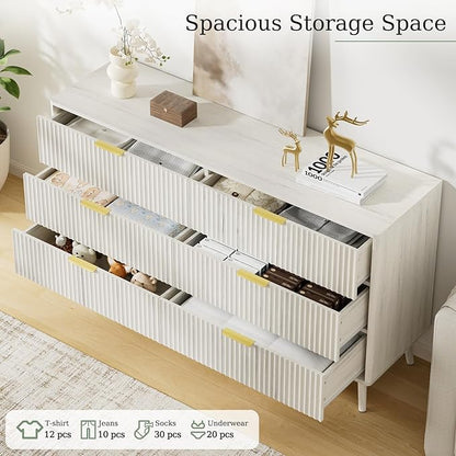 LYNSOM Fluted Dresser and Nightstand Set, 3 Pieces Bedroom Set, 55 Inch Wide 6-Drawer Dresser & 2-Drawer Nightstands Set of 2, Modern Dressers Set for Bedroom, Hallway, White