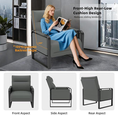 Faux Leather Accent Chair, Upholstered Armchair with Side Tray & Pocket, Comfy Reading Chair for Living Room, Bedroom, Guest Room, Gray