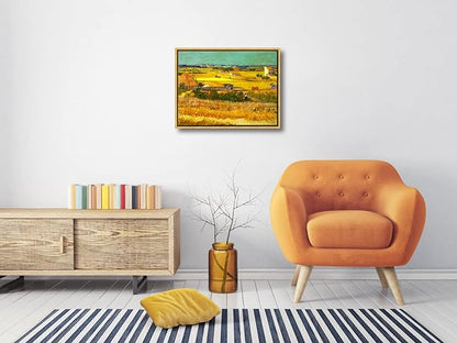 Wieco Art Framed Wall Art of Harvest at La Crau with Mont majour by Van Gogh Oil Paintings Reproduction Abstract Canvas Prints for Home Living Room Decorations Bronze Gold Frame