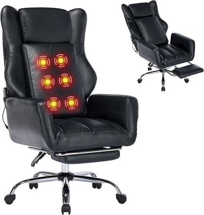 DYHOME Black Leather Office Chair with Massage and Footrest, Heavy Duty Task Desk Chairs Swivel Ergonomic Computer Gaming Chairs with Lumbar Support, Wheels Flip-up Arms Adjustable Height