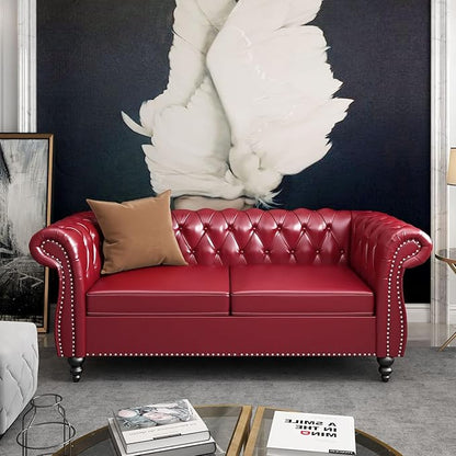 Chesterfield Loveseat Sofa, Modern Leather Small Sofa Couch 2 Seater with Rolled Arms and Nailhead, Mid Century Modern Loveseat Couch for Small Spaces Living Room Bedroom Apartment, Claret