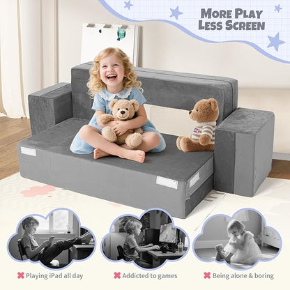 5 Pcs Modular Kids Play Couch, Toddler Couches That Fold Out, Plush Foam Chair for Children’s Playroom, Velvet Fabric Convertible Foam and Floor Cushion for Boys and Girls (Dark Gray,02)