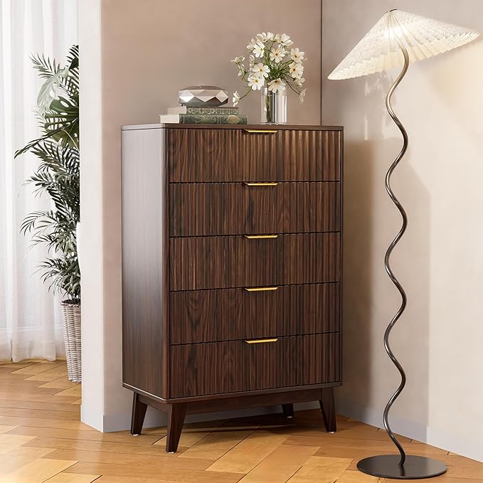 Modern Fluted 5 Drawer Tall Dresser, 48" H, Walnut, Curved Profile Design, Mid Century Wood Chest of Drawers for Bedroom, Living Room, Hallway