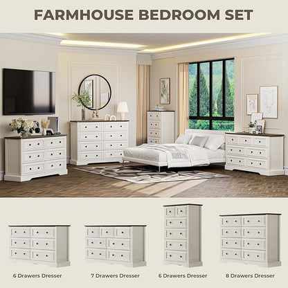 Farmhouse 6 Drawer Dresser for Bedroom, 54" Wide Wood Dresser with Natural Texture, Rustic Chest of Drawers for Bedroom with Vintage Metal Hands, for Living Room, Hallway, Antique White