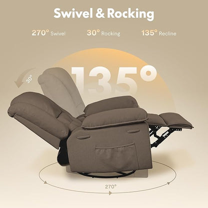 FLEXISPOT 360° Swivel Rocker Recliner with Massage & Heat for Adults, Manual Rocking Chair with USB Port & Side Pocket, Swivel Glider Recliner for Living Room Apartment Small Spaces, Brown