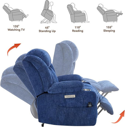 Power Lift Recliner Chair, 350lb Capacity with 8-Point Massage & Heating, USB/Type-C Ports & Cup Holders, Heavy Duty Chenille Recliner for Elderly, Blue