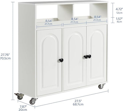 Bathroom Storage Cart with Doors，3-Door Cabinet & Divided Open Shelf，Rolling Organizer Cart for Bathroom, Toilet，White (1)