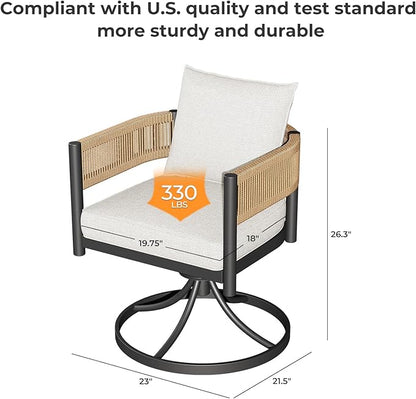 Grand patio 5-Piece Outdoor Dining Set for 4, Metal Woven Wicker Swivel Patio Chairs with Thickened Cushions & 1 Square Woodgrain Dining Table with Umbrella Hole for Backyard Deck (Natural)