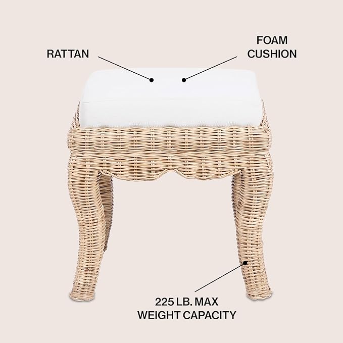 JONATHAN Y VSL1000A Rowan 19.7" Bohemian Designer Woven Rattan/Wood Vanity Stool, White Cushion with Natural Frame, for Living Room, Bedroom, Entryway, Foyer