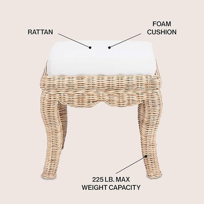 JONATHAN Y VSL1000A Rowan 19.7" Bohemian Designer Woven Rattan/Wood Vanity Stool, White Cushion with Natural Frame, for Living Room, Bedroom, Entryway, Foyer