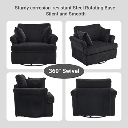 Karl home 39" Swivel Accent Chair,Oversized Seat Armchair W/2 Pillows and 4 Pockets,Modern Upholstered Corduroy Barrel Chairs,Comfy Single Sofa for Living Room,Reading,Bedroom and Office -Black