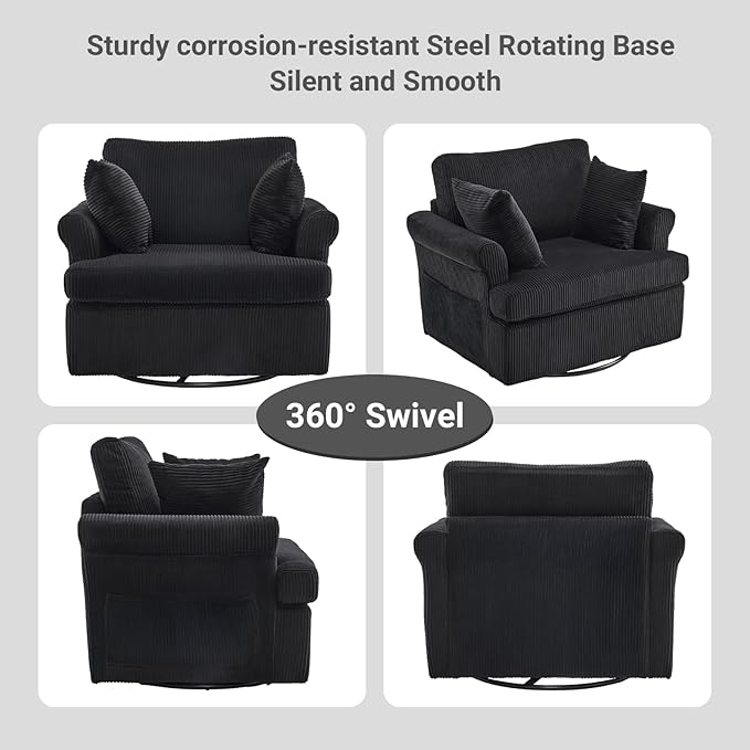 Karl home Swivel Accent Chair Set of 2, 39" Oversized Armchair W/2 Pillows and 4 Pockets,Modern Corduroy Barrel Chairs,Comfy Single Sofa for Living Room,Reading,Bedroom and Office-Black