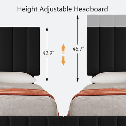 Garvee King Size Bed Frame with 4 Storage Drawers, Adjustable Height Headboard, Linen Upholstered Platform Bed Frame, No Box Spring Needed, Easy Assembly, Black